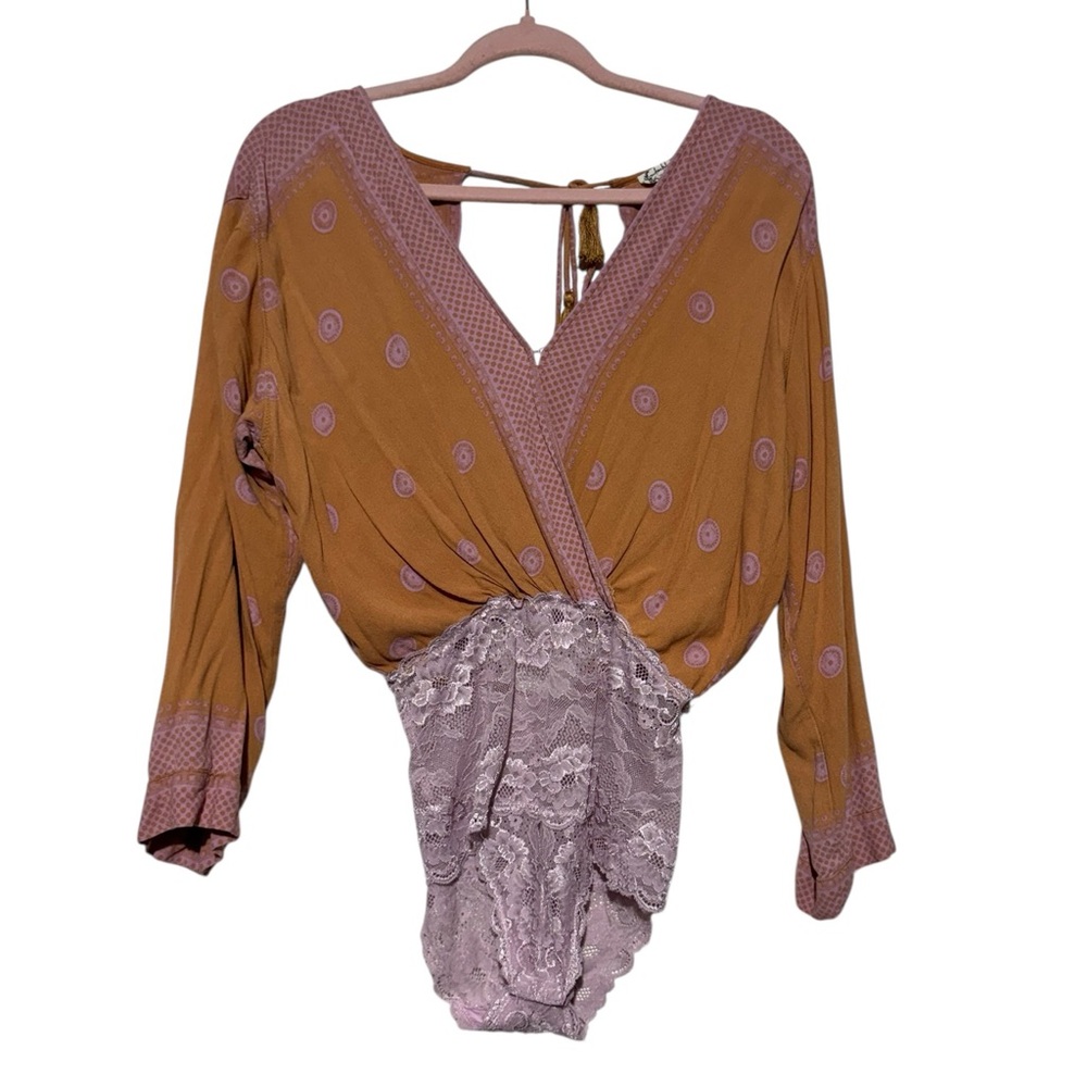 Free People On Board Body Suit Size S Boho Festival LaceOrange Spring Westernβ